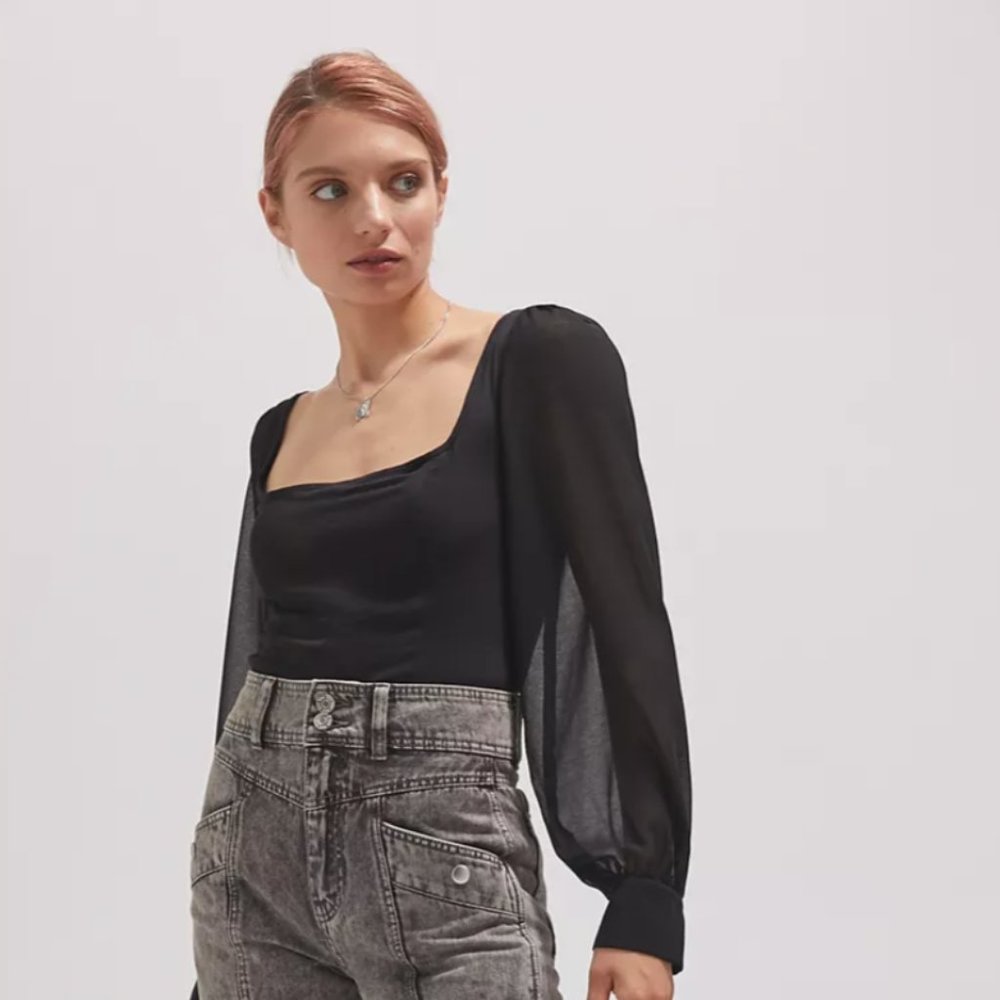 UO Lena Sheer Sleeve Square Neck Blouse